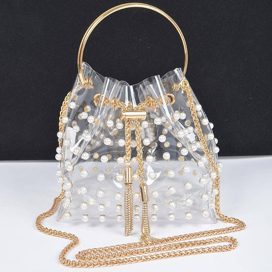 3AM BY H&D ACCESSORIES - Clear Pearl Stud Bucket Bag W/chain Tassle