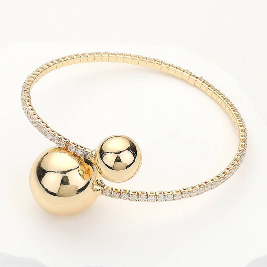 Wona Trading, Inc. - Metal Ball Tip Stone Paved Adjustable Bangle Bracelet