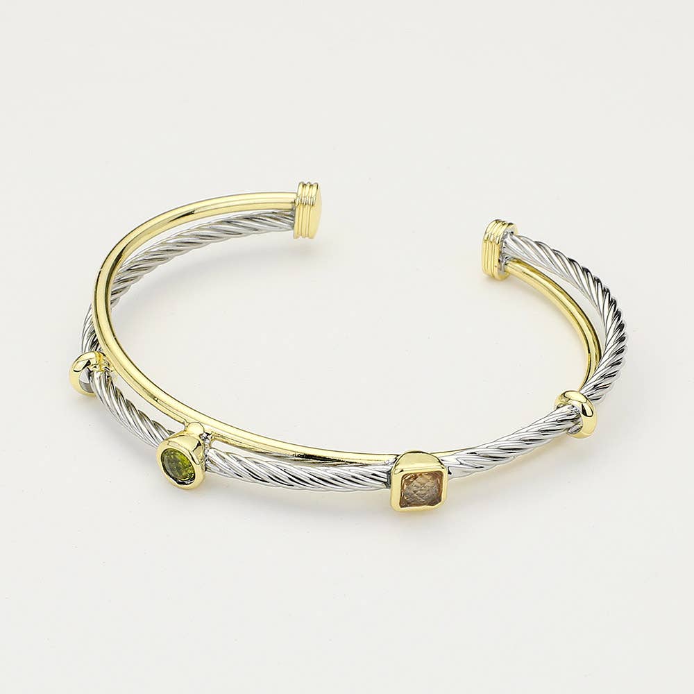 Wona Trading, Inc. - Round Square CZ Stone Two Tone Cuff Bracelet