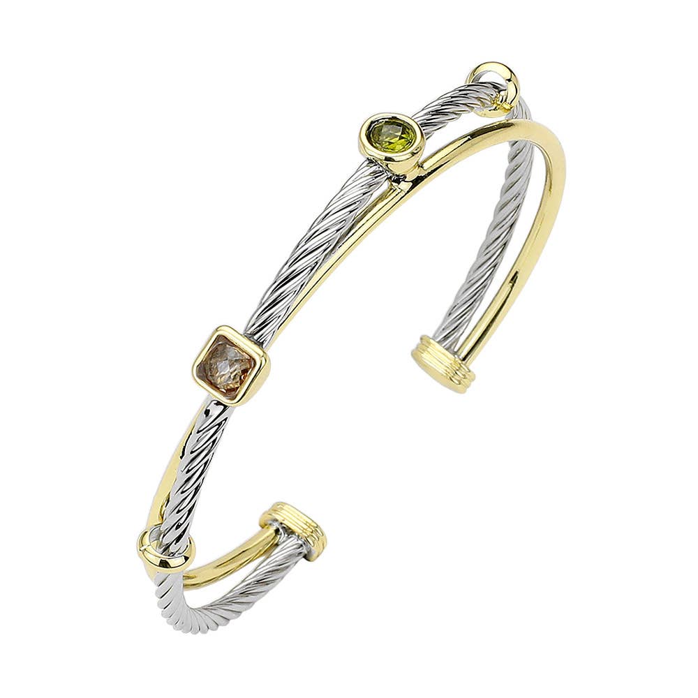 Wona Trading, Inc. - Round Square CZ Stone Two Tone Cuff Bracelet